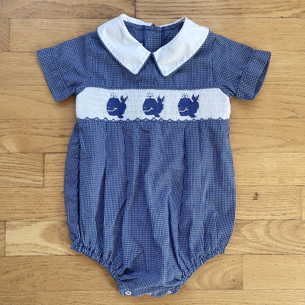 EUC Boys Hand Smocked Whale Gingham Peter Pan Collar Bubble Romper